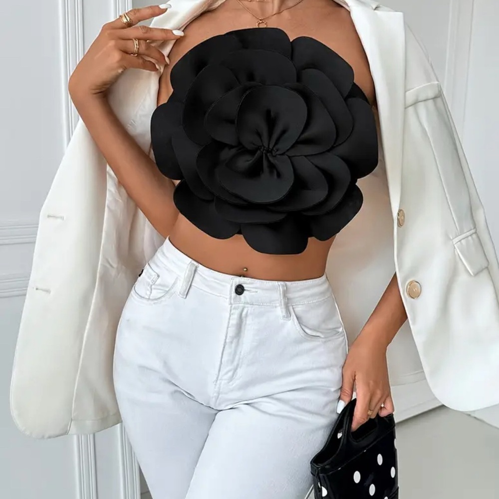 Black 3D Floral Strapless Top | Rosette Bandeau Crop